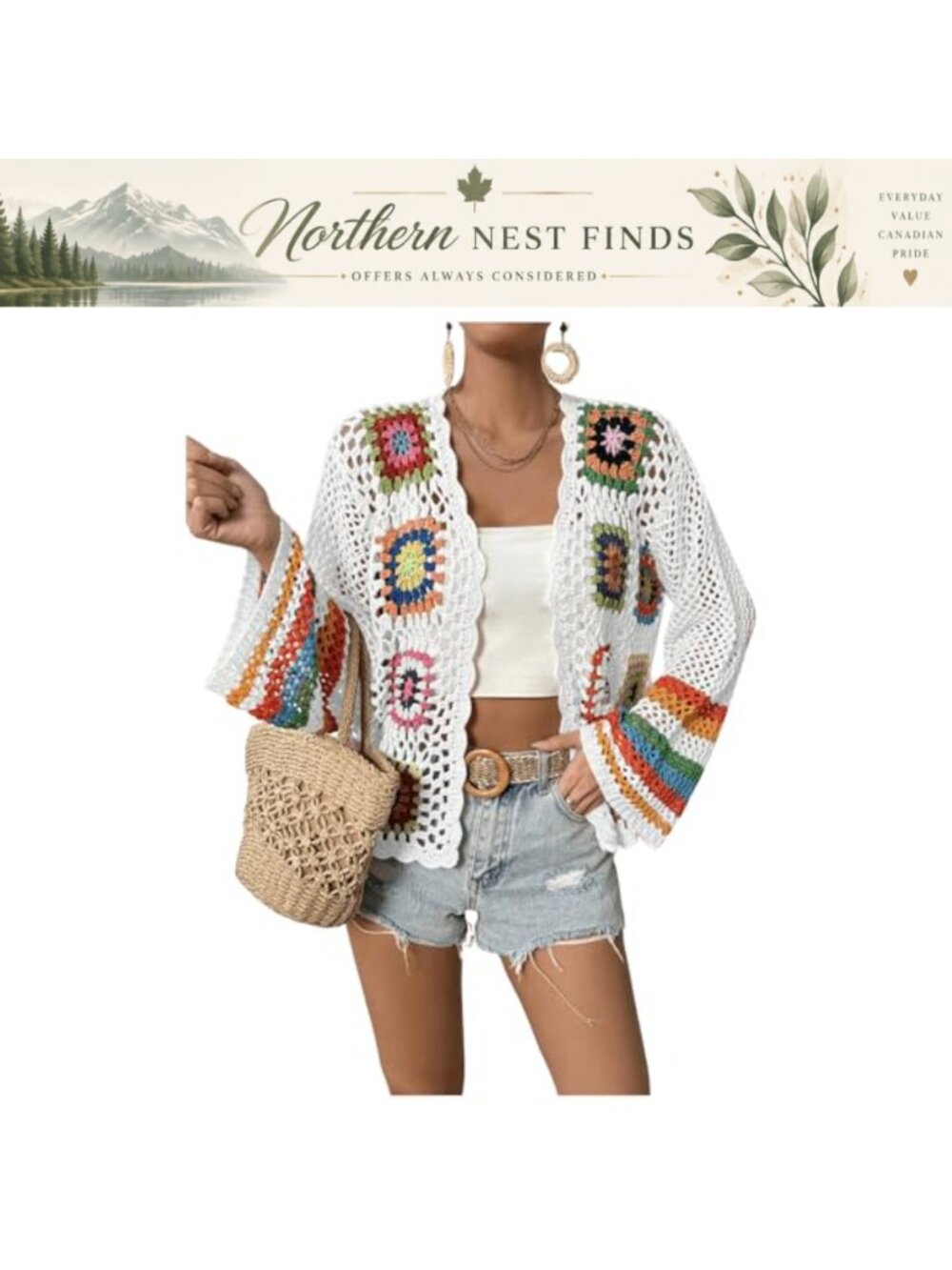 Crochet Cardigan Open Front Bell Sleeve Boho Long Sleeve Knit Loose Fit